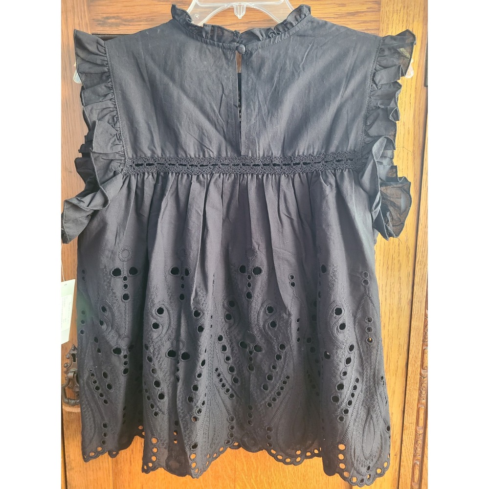 Honey & t Black Eyelet Lace Ruffle Sleeveless Cotton Top Blouse M J2B1460B471 - Picture 2 of 8